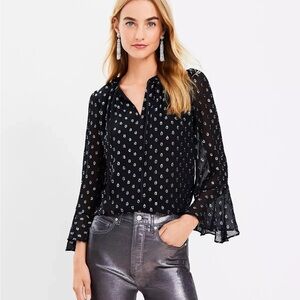 LOFT Black & Silver Metallic Clip Ruffle Tie Neck Bell Sleeve Blouse